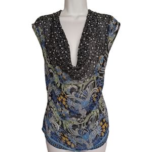 SUNSET RD. Black Colorful Paisley Print Semi Sheer Ruched Cowl Neck Top 4 S